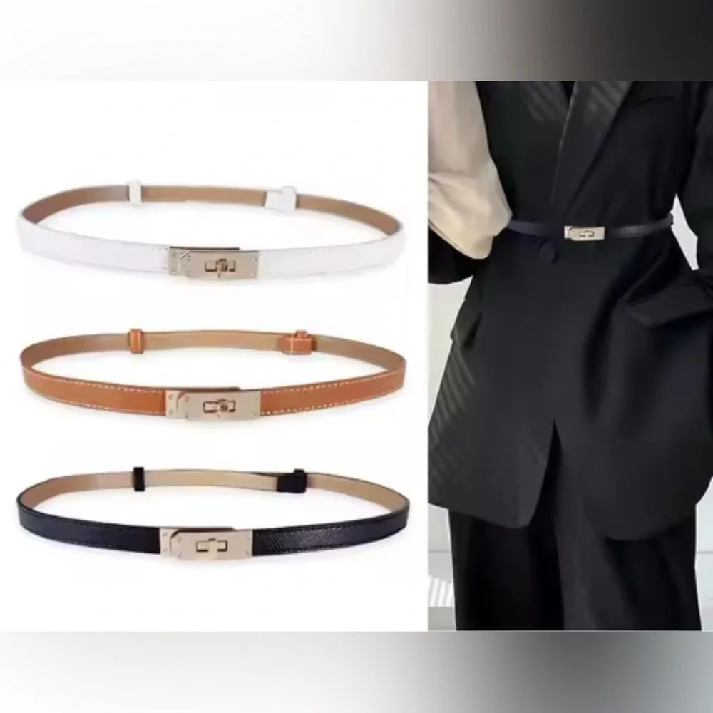 NWT Luxury Brand Black Leather Belt Designer Silver Alloy Kelly Buckle